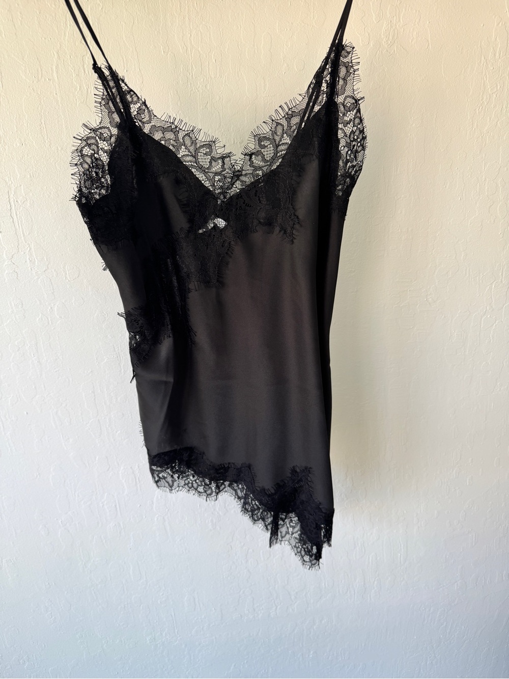 Source Unknown Black Satin Chemise with Lace Trim